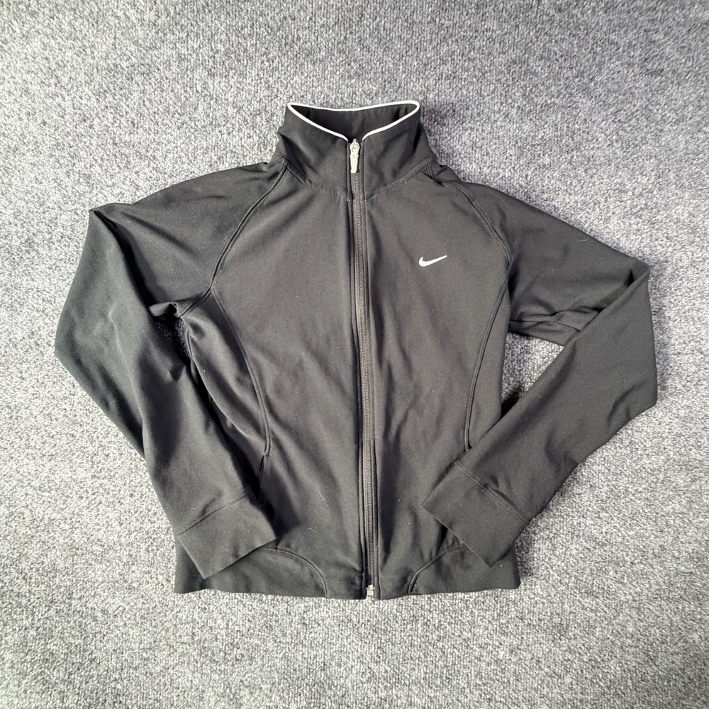 Nike Fit Dry Track Jacket Womens XS Black Logo Raglan Sleeve Full Zip Activewear